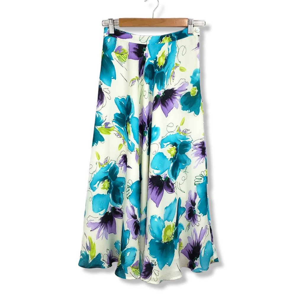 Coldwater Creek White Blue and Purple Floral Print A-line Midi Skirt Size XSP